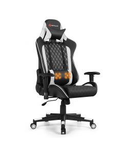 Costway Gaming Chair  Massage Reclining Racing Chair w/Lumbar Support and Headrest White - White + Black
