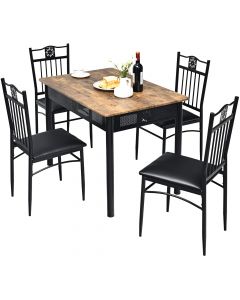 Costway 5PCS Dining Set Metal Table & 4 Chairs Kitchen Breakfast Furniture - Black